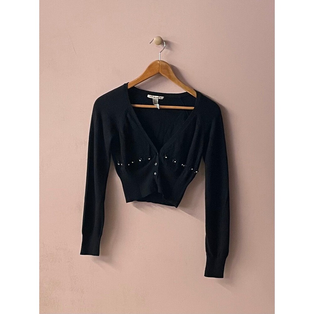 Vintage Y2K Forever 21 Black Beaded Cropped V-Neck Button Up Cardigan Size L